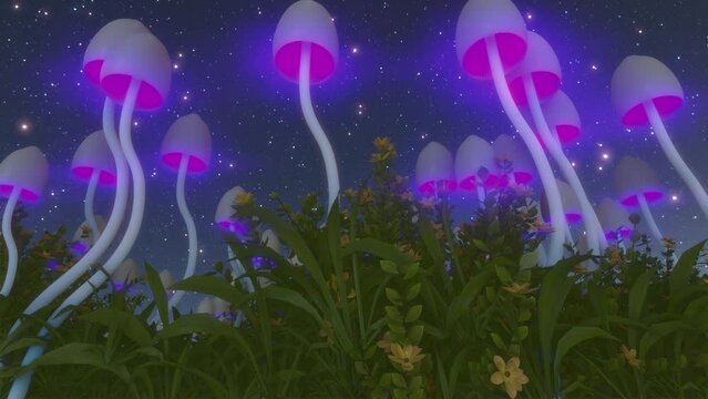 3d glowing magic mushrooms under stars seamless animation