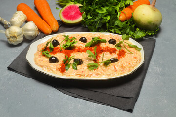 Carrot Tarator in Ceramic Plate. Traditional Appetizer. Ready to Eat and Serve.  Traditional delicious Turkish foods; Fresh carrot salad with garlic yogurt in bowl