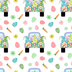 Easter seamless pattern with colorful holiday dwarfs on a truck, eggs, carrots, flowers. Vector illustration in flat cartoon style. Isolated on white background.
