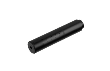 Black silencer for weapons. Suppressor that is at the end of an assault rifle. Isolate on a white...