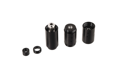 Black silencer for weapons. Suppressor that is at the end of an assault rifle. Isolate on a white...