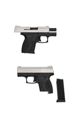 Modern semi-automatic pistol isolate on a white background. Armament for the army and police....