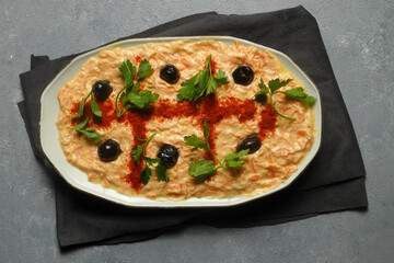 Carrot Tarator in Ceramic Plate. Traditional Appetizer. Ready to Eat and Serve.  Traditional delicious Turkish foods; Fresh carrot salad with garlic yogurt in bowl