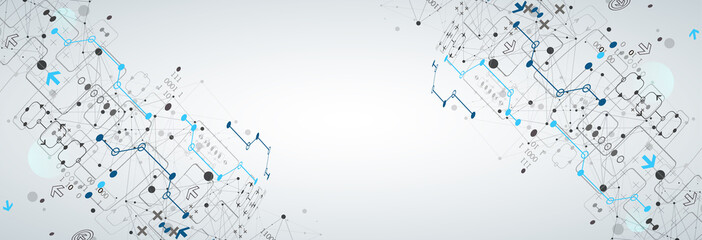Abstract technology concept with plexus effect. Circuit board, high computer color background. Vector illustration with space for content, web - template, business tech presentation.