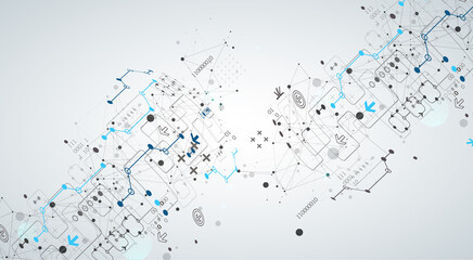 Abstract technology concept with plexus effect. Circuit board, high computer color background. Vector illustration with space for content, web - template, business tech presentation.