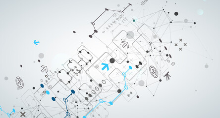 Abstract technology concept with plexus effect. Circuit board, high computer color background. Vector illustration with space for content, web - template, business tech presentation.