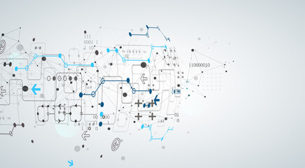 Abstract technology concept with plexus effect. Circuit board, high computer color background. Vector illustration with space for content, web - template, business tech presentation.