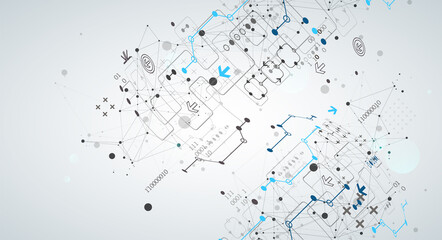 Abstract technology concept with plexus effect. Circuit board, high computer color background. Vector illustration with space for content, web - template, business tech presentation.