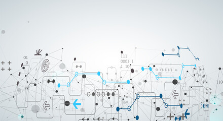 Abstract technology concept with plexus effect. Circuit board, high computer color background. Vector illustration with space for content, web - template, business tech presentation.