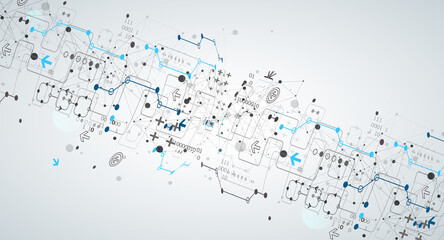 Abstract technology concept with plexus effect. Circuit board, high computer color background. Vector illustration with space for content, web - template, business tech presentation.