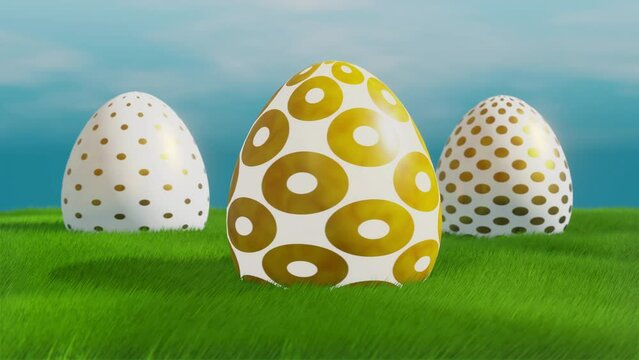 Golden Easter eggs rotate in a cloudy blue sky and on a green grass background. A Happy Easter greeting card with a 3D animation render.