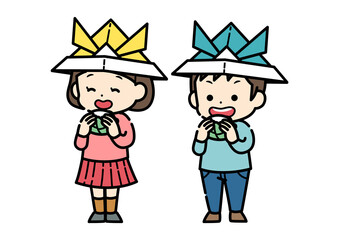 折り紙の兜を被っている子供達が柏餅を食べているイラスト　端午の節句　こどもの日