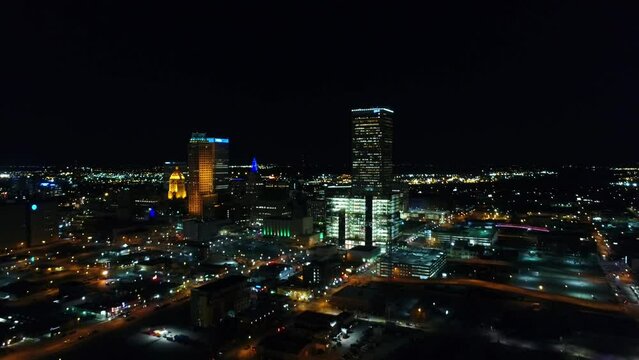 Tulsa at Night, Downtown, Aerial Flying, City Lights, Oklahoma