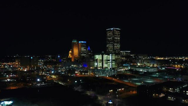 Tulsa at Night, Aerial Flying, Downtown, Oklahoma, City Lights