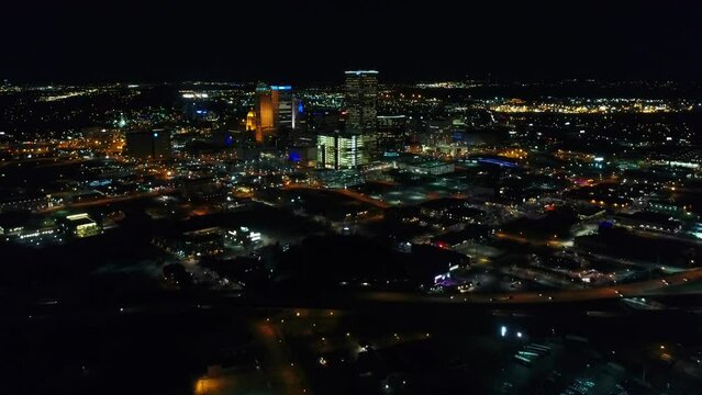 Tulsa at Night, Downtown, Aerial Flying, Oklahoma, City Lights