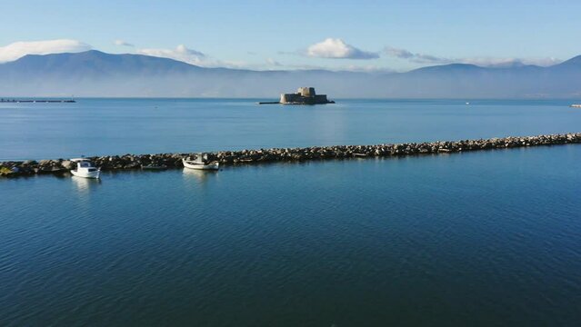 Drone view of Bourtzi Castle in the harbor of Nafplio