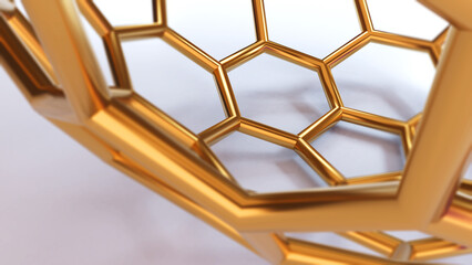 The shape structure of nanotechnology on white background,golden hexagon shape,fullerene,3d rendering