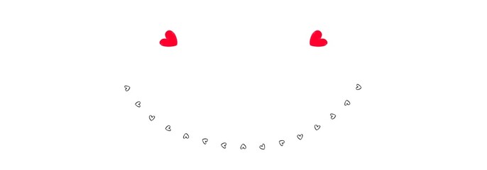 Illustration red hearts eyes and white smiley with teeth on white background. 17 hearts