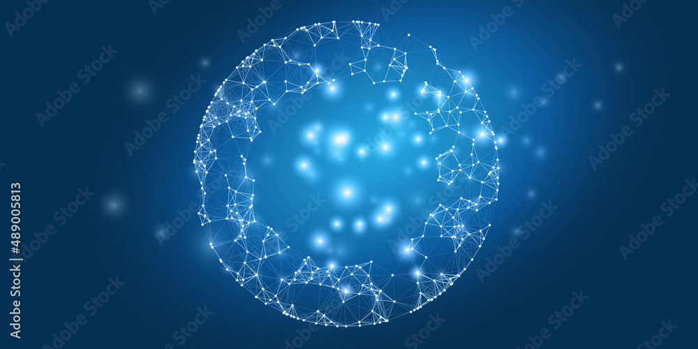 Poster blue futuristic global networks concept with globe - abstract polygonal digital connections and glow