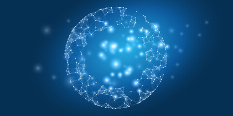 Blue Futuristic Global Networks Concept with Globe - Abstract Polygonal Digital Connections and Glowing Network Nodes - Future Technology Background, Creative Design Template