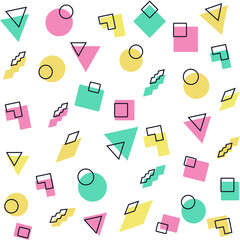 Bright seamless pattern, geometric shapes, elements, 80s style, memphis, retro background, vector