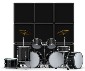 Fototapeta na wymiar Set of realistic drums with metal cymbals or drumset and amplifier on white