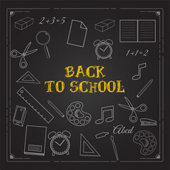 Fototapeta na wymiar Welcome back to school vector illustration. Creative back to school design with silhouette of school equipment on background. 
