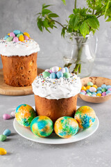Obraz na płótnie Canvas Easter bread. Cakes with icing. Spring festival 2022. Kulich. Happy Easter day. Cake with raisins.