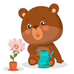 The cartoon bear rejoices at the blooming flower, the bear takes care of the flower.