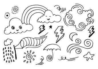 Weather Doodle Vector Set illustration with hand drawn line art style vector
