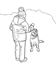 Vector sketch boy playing with dog in winter.