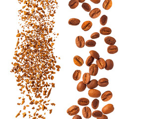 Levitation of coffee isolated on white background.