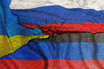 Flag of Russia of the Donetsk People's Republic and Ukraine on broken asphalt.