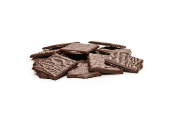 Dark chocolate candies isolated on white background.