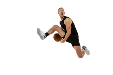 Fototapeta na wymiar Dynamic portrait of basketball player jumping with ball isolated on white studio background. Sport, motion, activity concepts. Dunk, jam, stuff technic