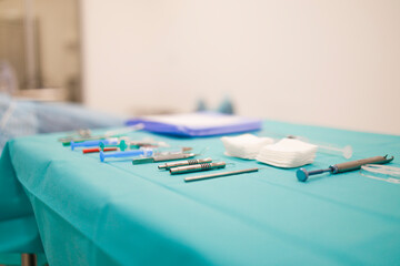 Sterile equipment lined up precisely for the cataract surgery