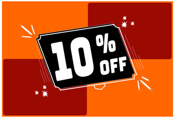 10 percent discount. 10% discount. Orange banner with floating balloon for promotions and offers.