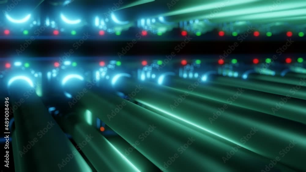 Poster network switch with plugged ethernet cables sending data. endless loop of neon color data rack with 