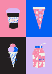 Abstract set of colorful funky doodle fast food. Hand drawn vector illustration of coffee cup, pizza slice, ice cream, milk package. Bright psychedelic poster