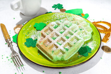 St Patrick`s holiday breakfast, green Belgian waffle and green sugared hot chocolate, with shamrock...