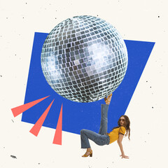 Contemporary art collage. Young stylish girl dancing under giant disco ball isolated over gray...