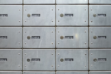 Locker rows mail boxes in the Israel Post Office. Private metal mailbox. Selective focus