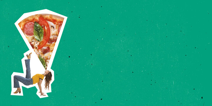 Contemporary art collage. Young stylish girl eating giant delicious pizza isolated over green background. Flyer