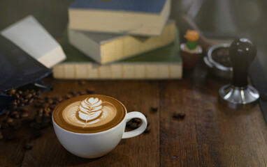 Coffee cup put on wooden desk,