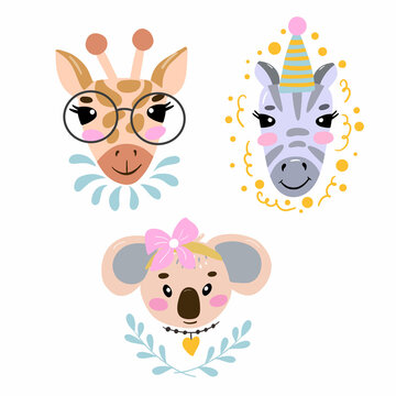 Set of cute animals faces. Illustrations of a giraffe, a zebra and koala for the design of posters postcards, for prints on t-shirts mugs pillows. Vector graphics isolated on white background.
