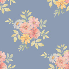 Seamless floral pattern. Ornament of delicate bouquets of flowers. Watercolor illustration of flowers for design, textiles, wallpapers. ready-made seamless background.