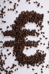 symbolic picture of coffee beans forming an euro sign as symbol for increasing coffee prices