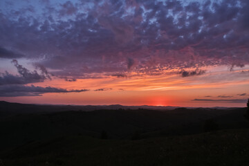 Sunset in the Altai mountains. Silhouettes of trees against the background of the wonderful sky.