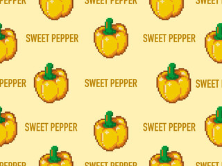 Sweet pepper cartoon character seamless pattern on yellow background.Pixel style