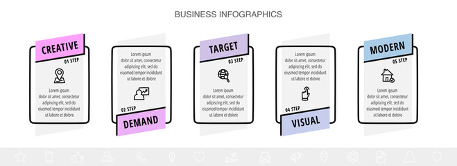 Vector line infographics with 5 rectangles. Business concept graphic process template with five steps and labels. Graphic timeline for step by step, app, website, levels, diagram, presentations